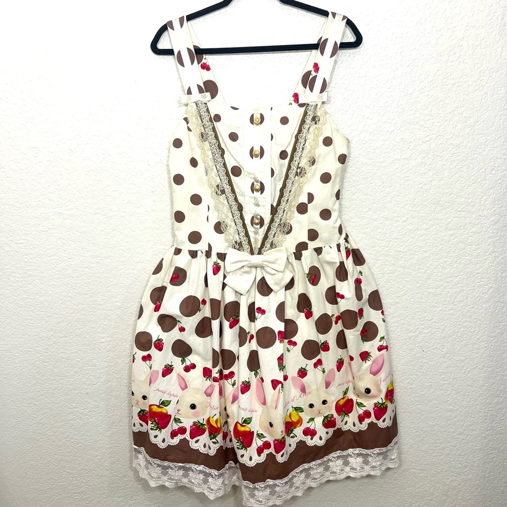 White Rabbit and Strawberry Polka Dot Print Retro Dress Size L
